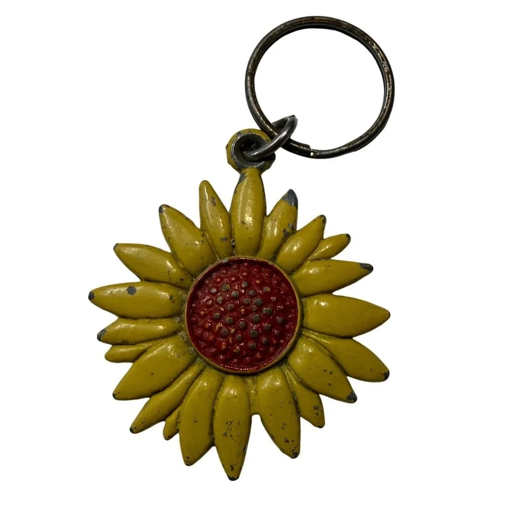 Vintage Sunflower Keychain Yellow Red Enamel Metal Flower Charm Retro